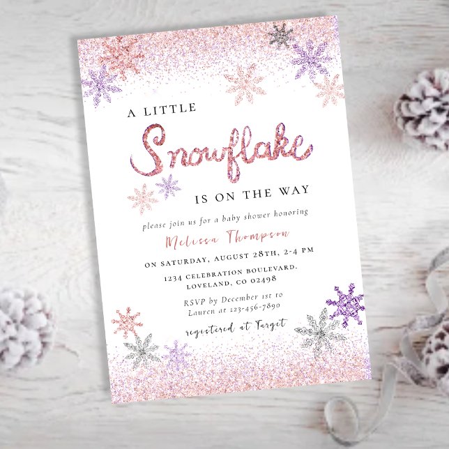 Invitación Chica de invierno rosado pequeño copo de nieve en  (Subido por el creador)