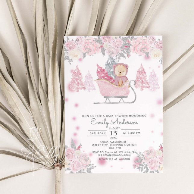 Invitación Chica de invierno Woodland Bear Floral Baby Shower (Subido por el creador)