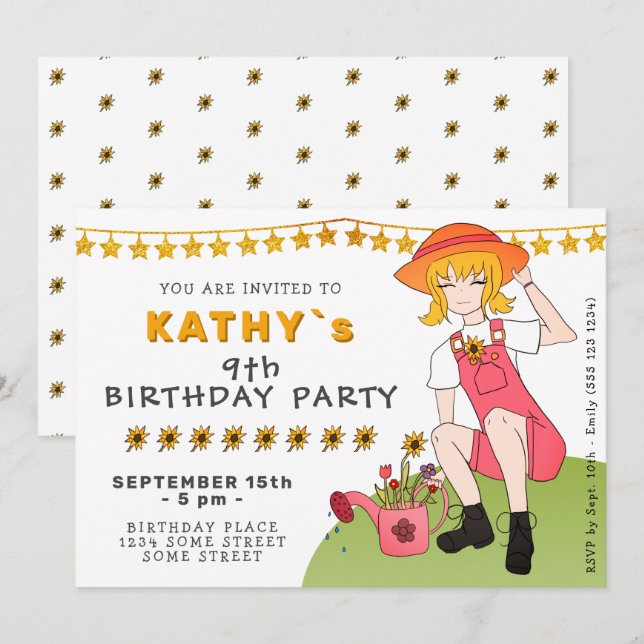 Invitación Chica de jardinería con flores Cumpleaños (Anverso / Reverso)