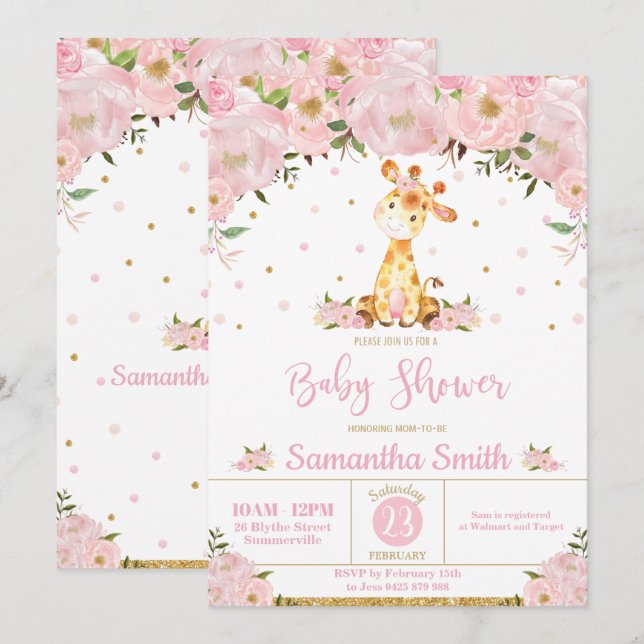 Invitación Chica de jirafa floral rosada y sincera Baby Showe (Anverso / Reverso)