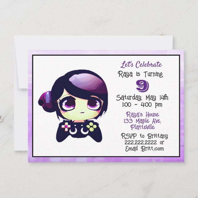 Invitación Chica de juegos animales morado y cumpleaños de ni (Anverso)