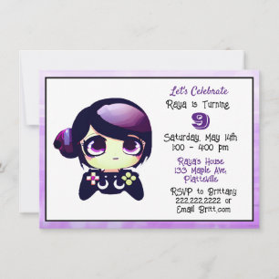 Invitación Chica de juegos animales morado y cumpleaños de ni