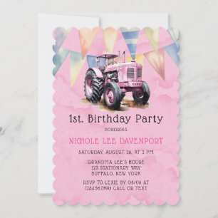 Invitación Chica de la bandera del tractor rosado Primer Fies