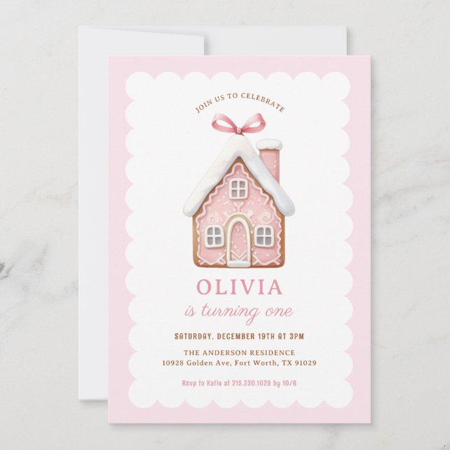 Invitación Chica de la casa Gingerbread Primer Fiesta de Cump (Anverso)