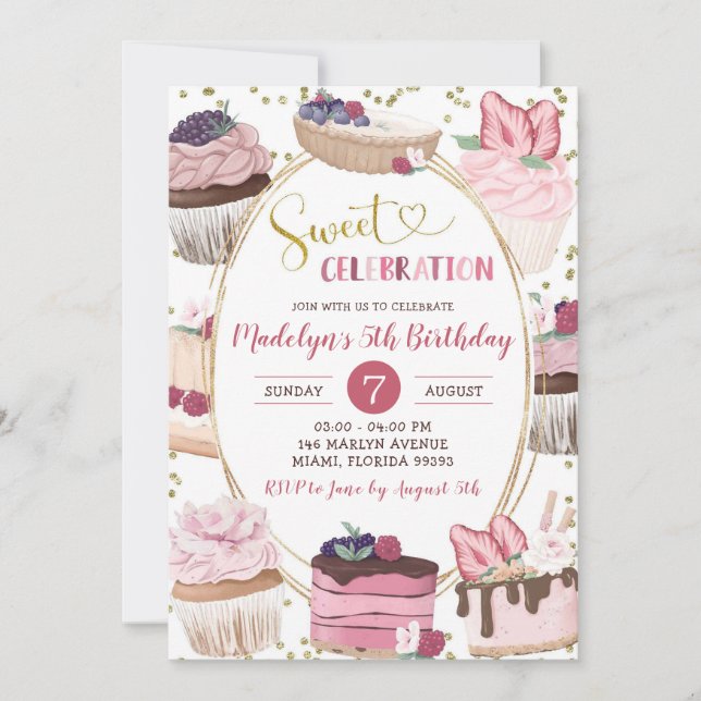 Invitación Chica de la celebración de dulces de Oro Rosado Cu (Anverso)