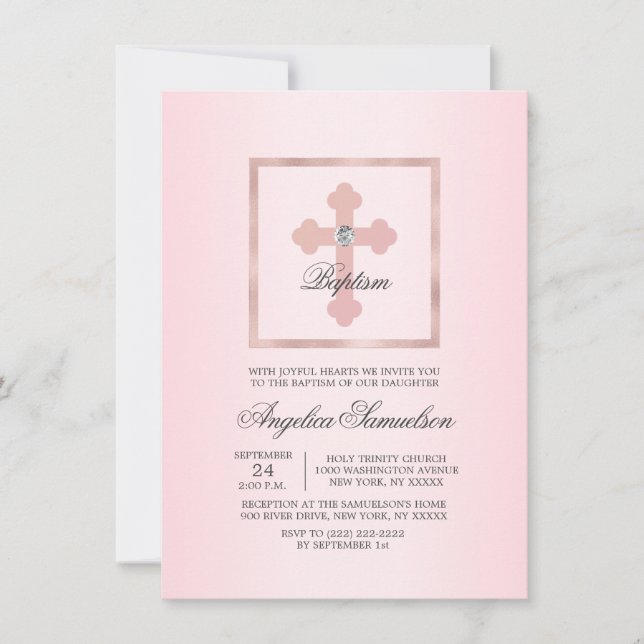 Invitación CHICA de la ceremonia de bautismo rosado (Anverso)