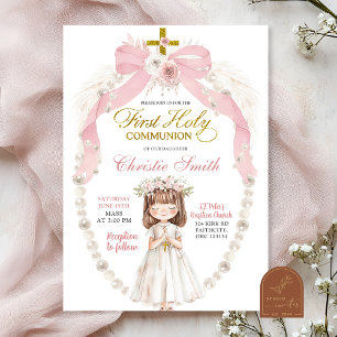 Invitación Chica de la Coqueta de Pearl Bow, primera comunión