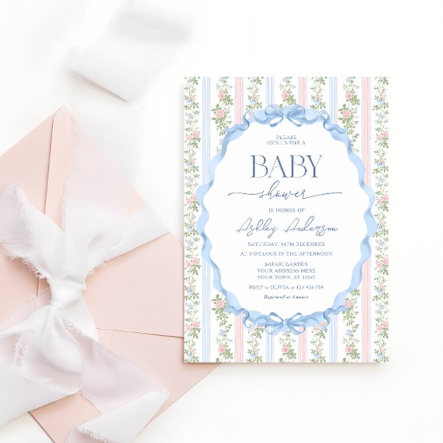 Invitación Chica de la cosecha Baby Shower Floral rosa y azul (Subido por el creador)