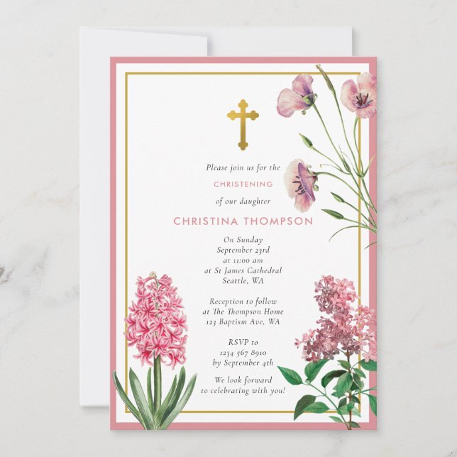Invitación Chica de la cristiandad del bautismo rosado y del  (Anverso)