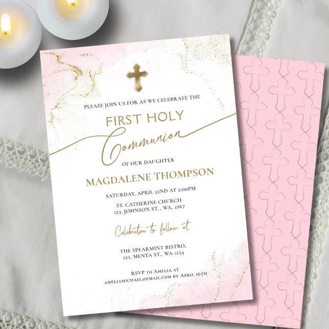 Invitación Chica de la Cruz de Oro Rosa Primero Santa Comunió (Subido por el creador)
