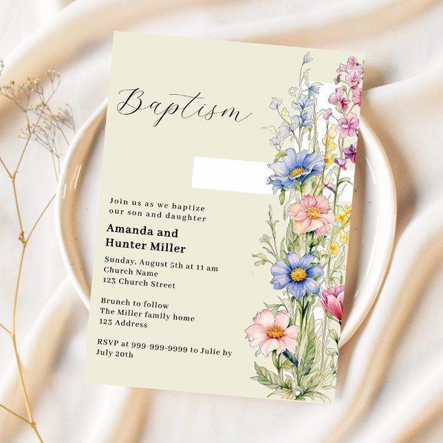 Invitación Chica de la cruz floral niño gemelos rosa azul Bau (Subido por el creador)