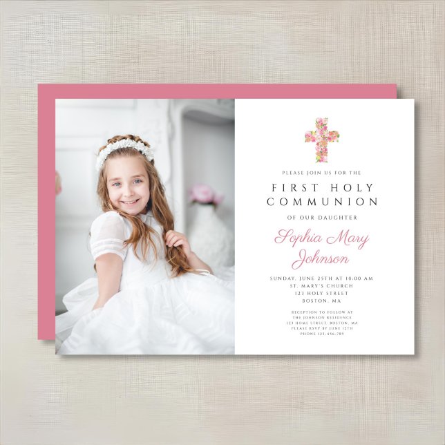 Invitación Chica de la Cruz Floral Rosa Primera Comunión Foto (Pink Floral Cross Girl First Communion Photo Invitation)