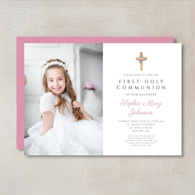 Invitación Chica de la Cruz Floral Rosa Primera Comunión Foto (Pink Floral Cross Girl First Communion Photo Invitation)