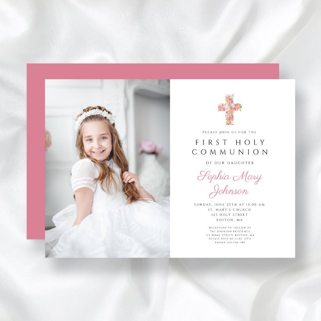 Invitación Chica de la Cruz Floral Rosa Primera Comunión Foto (Pink Floral Cross Girl First Communion Photo Invitation)