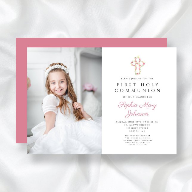 Invitación Chica de la Cruz Floral Rosa Primera Comunión Foto (Pink Floral Cross Girl First Communion Photo Invitation)
