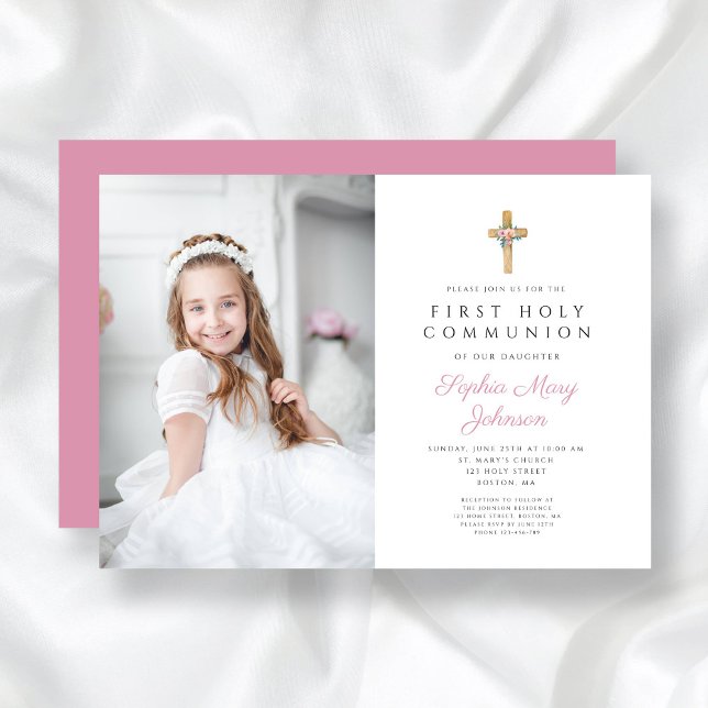 Invitación Chica de la Cruz Floral Rosa Primera Comunión Foto (Pink Floral Cross Girl First Communion Photo Invitation)