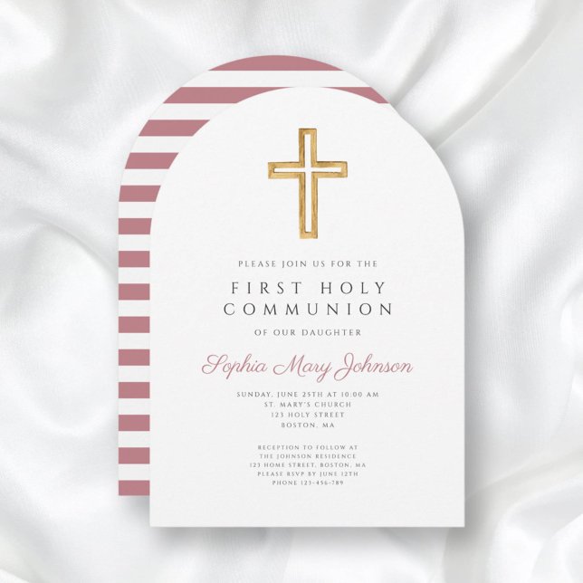 Invitación Chica de la Cruz Rosa Moderno Primer Arco de la Co (Modern Pink Cross Girl First Communion Arch Invitation)