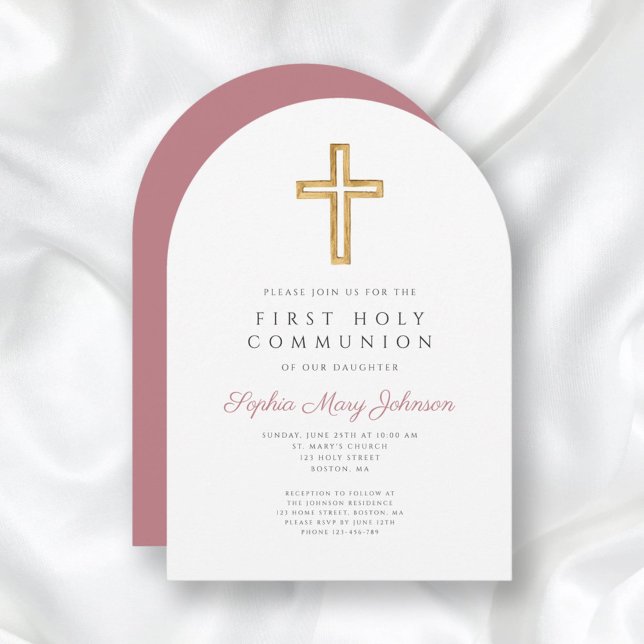 Invitación Chica de la Cruz Rosa Moderno Primer Arco de la Co (Modern Pink Cross Girl First Communion Arch Invitation)