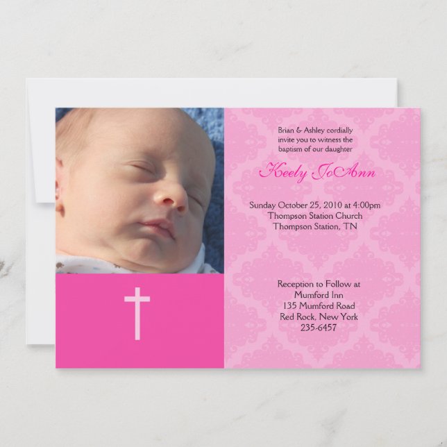 Invitación Chica de la dedicción del bautismo Pink 5x7 Damask (Anverso)