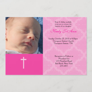 Invitación Chica de la dedicción del bautismo Pink 5x7 Damask