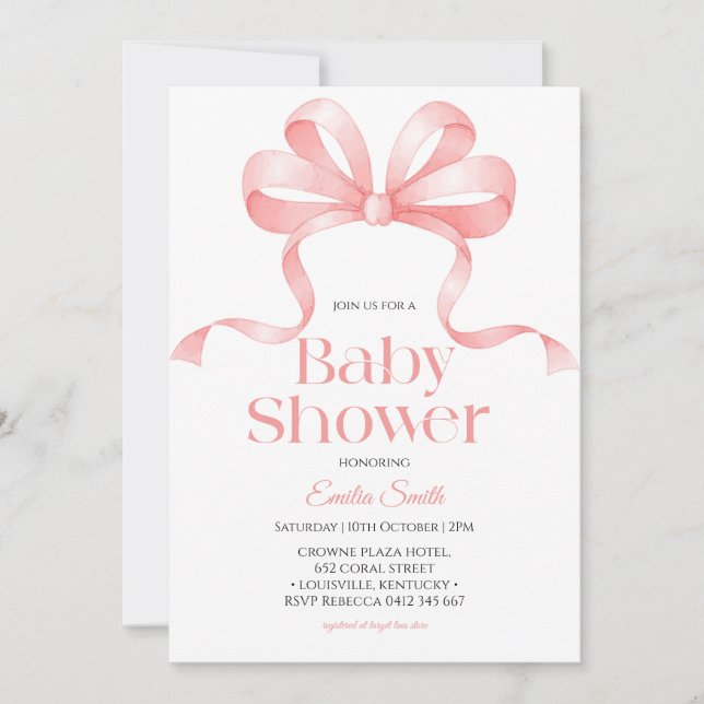 Invitación Chica de la ducha de bebé con lazo rosa (Anverso)