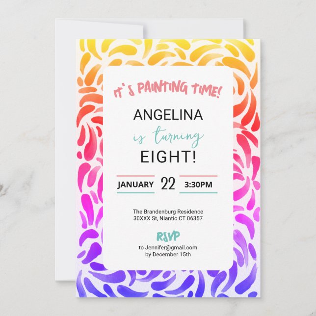 Invitación Chica de la fiesta de cumpleaños con pintura de ar (Anverso)