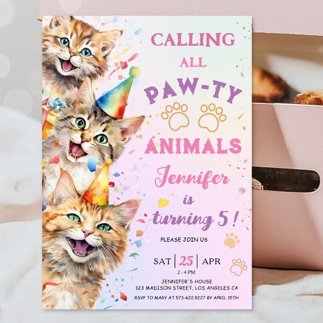 Invitación Chica de la fiesta de cumpleaños de Cat Pawty 5 cu (Subido por el creador)