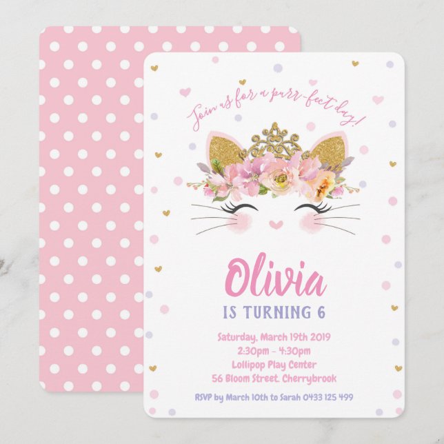 Invitación Chica de la fiesta de cumpleaños del Princesa Kitt (Anverso / Reverso)