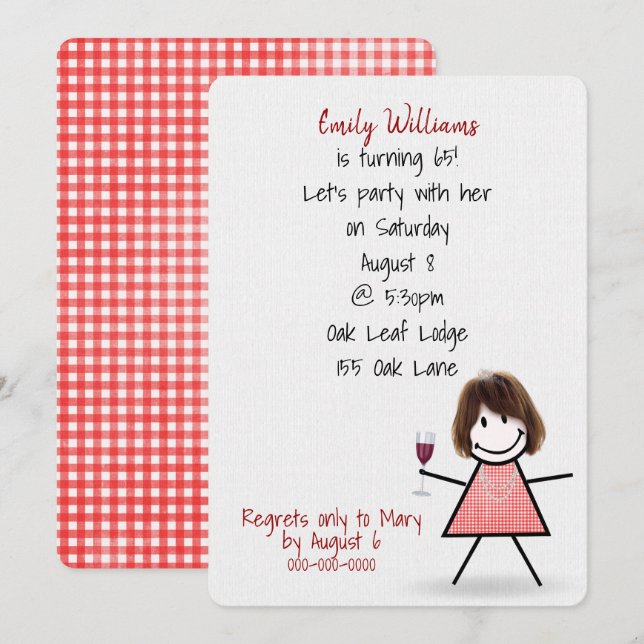 Invitación Chica de la fiesta de cumpleaños número 65 con vin (Anverso / Reverso)