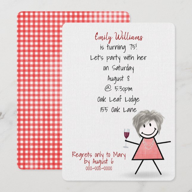Invitación Chica de la fiesta de cumpleaños número 75 con vin (Anverso / Reverso)