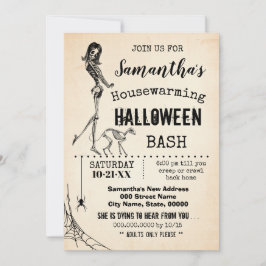 Invitación Chica de la fiesta de Halloween y esqueleto de gat