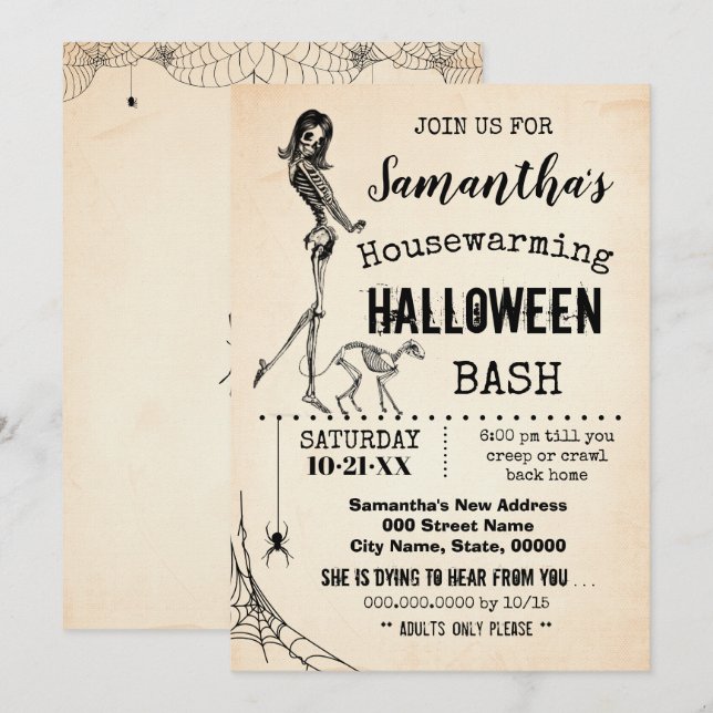 Invitación Chica de la fiesta de Halloween y esqueleto de gat (Anverso / Reverso)