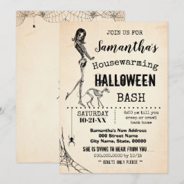 Invitación Chica de la fiesta de Halloween y esqueleto de gat