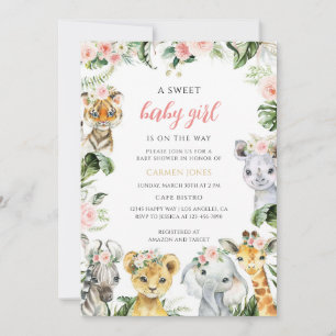 Invitación Chica de la jungla floral rosa Safari Baby Shower