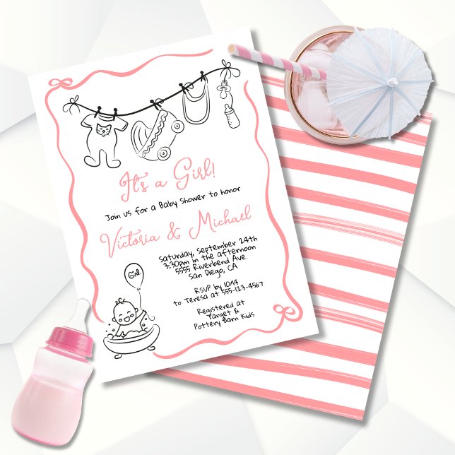Invitación Chica de la línea de vestimenta Baby Shower dibuja (Subido por el creador)
