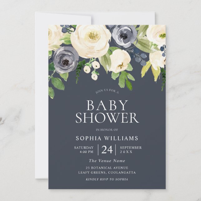 Invitación Chica de la Marina y Flores Blancas Niño Baby Show (Anverso)
