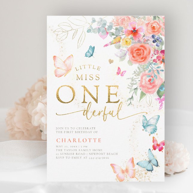 Invitación Chica de la Pequeña Miss Mariposa Primer Fiesta de (little miss onederful girls 1st birthday invite pink garden floral  butterflies watercolor elegant)