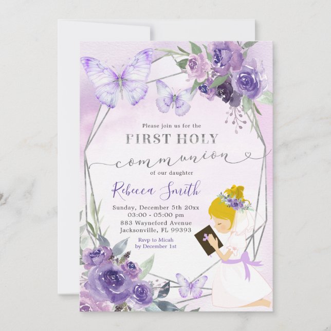 Invitación Chica de la piel morada floral de la primera comun (Anverso)
