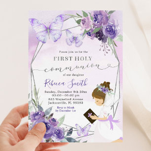 Invitación Chica de la piel morada floral de la primera comun