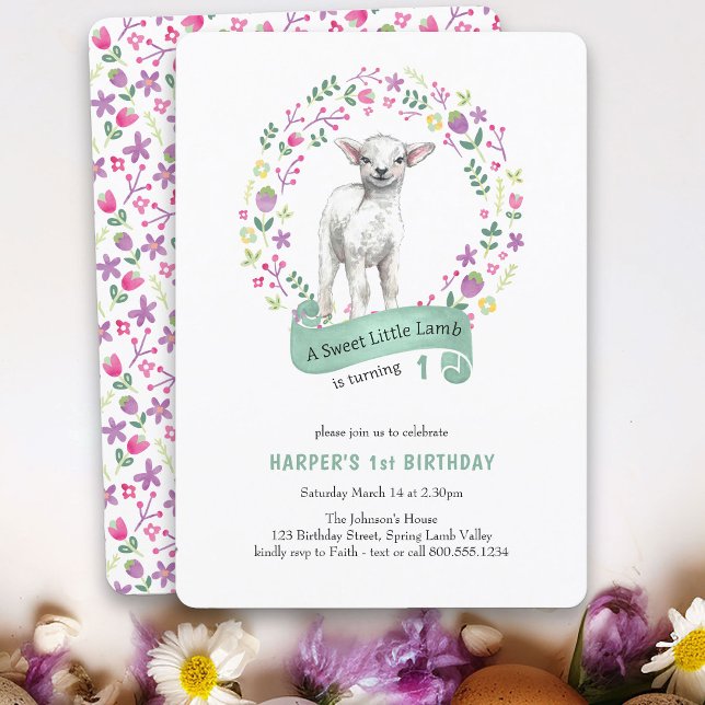 Invitación Chica de la Primavera del Cordero Pequeño (A Sweet Little Lamb birthday invitation - perfect for spring or easter)