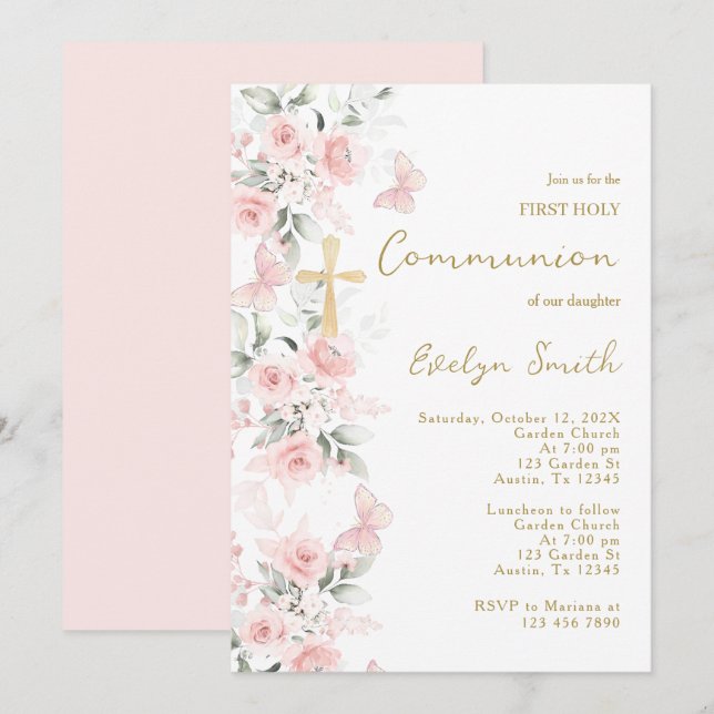Invitación Chica de la primera comunión de mariposa rosa de R (Anverso / Reverso)