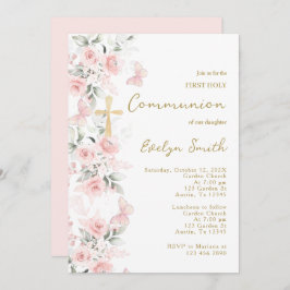 Invitación Chica de la primera comunión de mariposa rosa de R