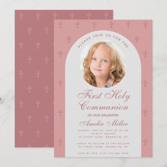 Invitación Chica de la Primera Comunión Foto Dusty Rosa Arch  (Anverso / Reverso)