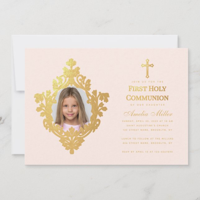Invitación Chica de la primera comunión foto elegante Rubor F (Anverso)