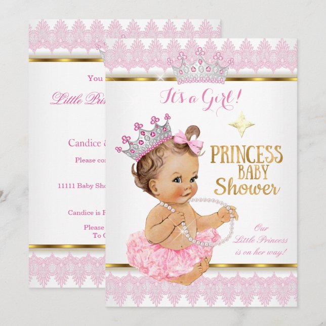 Invitación Chica de la Princesa Baby Shower Oro Rosa Tutu Bru (Anverso / Reverso)