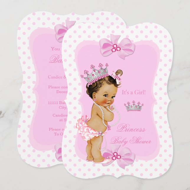 Invitación Chica de la Princesa Baby Shower Polka Rosa Brunet (Anverso / Reverso)