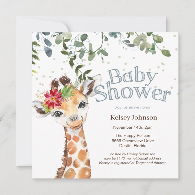 Invitación Chica de la selva Safari Giraffe Blue Baby Shower (Anverso)