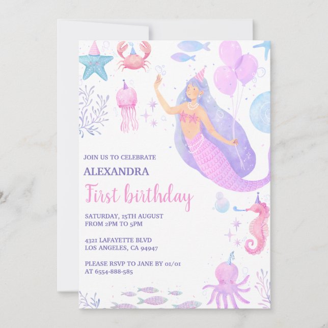 Invitación Chica de la Sirena Bajo el Mar Primer Cumpleaños (Anverso)