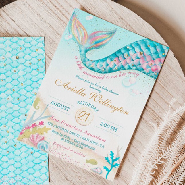 Invitación Chica de la sirena sensacional Baby Shower Oro ros (Whimsical Mermaid Girl Baby Shower)