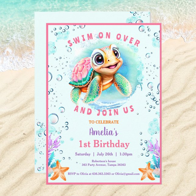 Invitación Chica de la tortuga del mar del bebé Personalizado (Cute Sea Turtle Invitation For a Girl. If you need for a Boy, just visit the store :) Kate Eden Art)